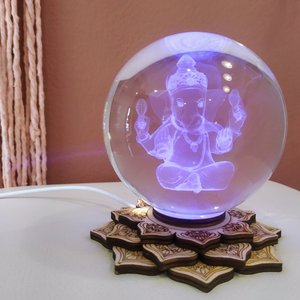 Luminária Bola de Cristal Ganesha - Base Led Colorido Flor de Lótus