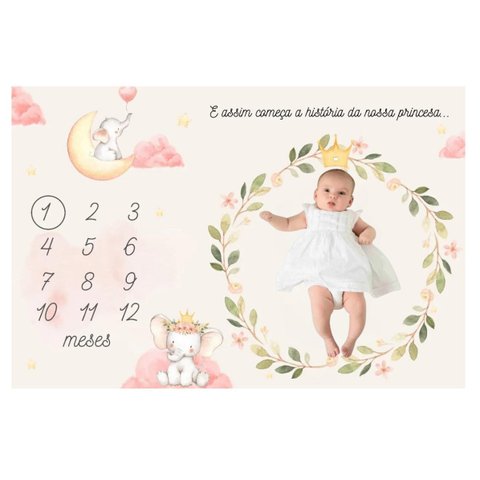 Lençol Mêsversário Cenário para Fotos Bebê Elefante Menina Minha Estrelinha Lençol Mêsversário Cenár