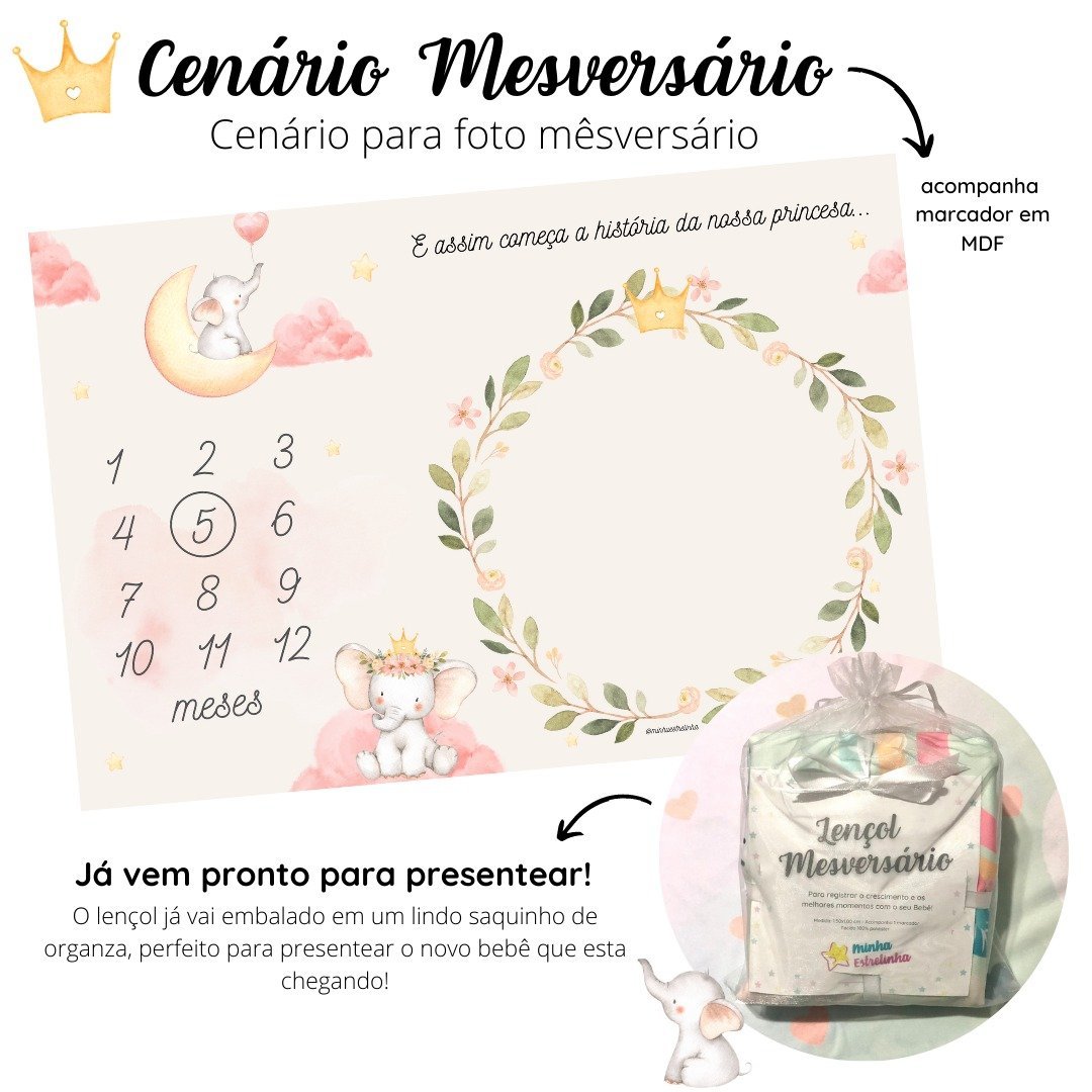 Lençol Mêsversário Cenário para Fotos Bebê Elefante Menina Minha Estrelinha Lençol Mêsversário Cenár - 5