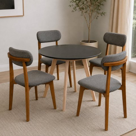 Kit Mesa Preta 90cm & 4 Cadeiras Estofadas Linho Design Elegante