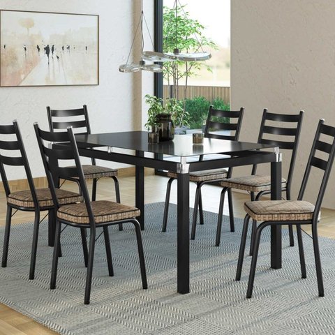 Conjunto Mesa Malva 140x80cm com 6 Cadeiras Rattan New Preto/Marrom