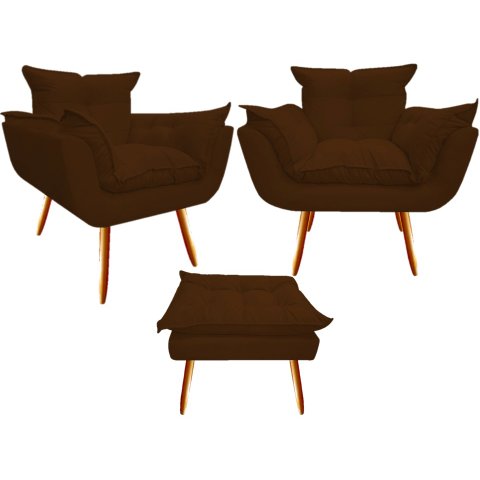 Kit 2 Poltronas + Puff Decorativo Opala Suede Marrom Pés Madeira Ms Decor