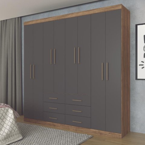 Guarda Roupa Roupeiro Quarto Dormitório Solteiro Casal Liverpool 8.6 Marrom Madeira Cinza