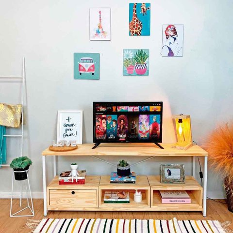 Rack de TV Industrial de Ferro e Madeira Style Square 2 Nichos e 1 Nicho Gaveta Natural e Branco