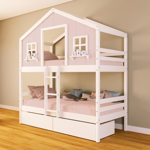 Beliche Casinha Dos Sonhos com 02 Gavetas Madeira Maciça Rosa/ Branco Housin