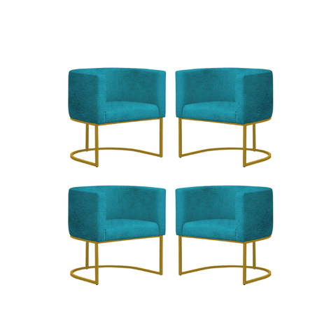 Kit 4 Poltronas Reforçada Decorativa Sala Estar Jantar Gabriela Base Ferro Dourado Suede Azul Tifany
