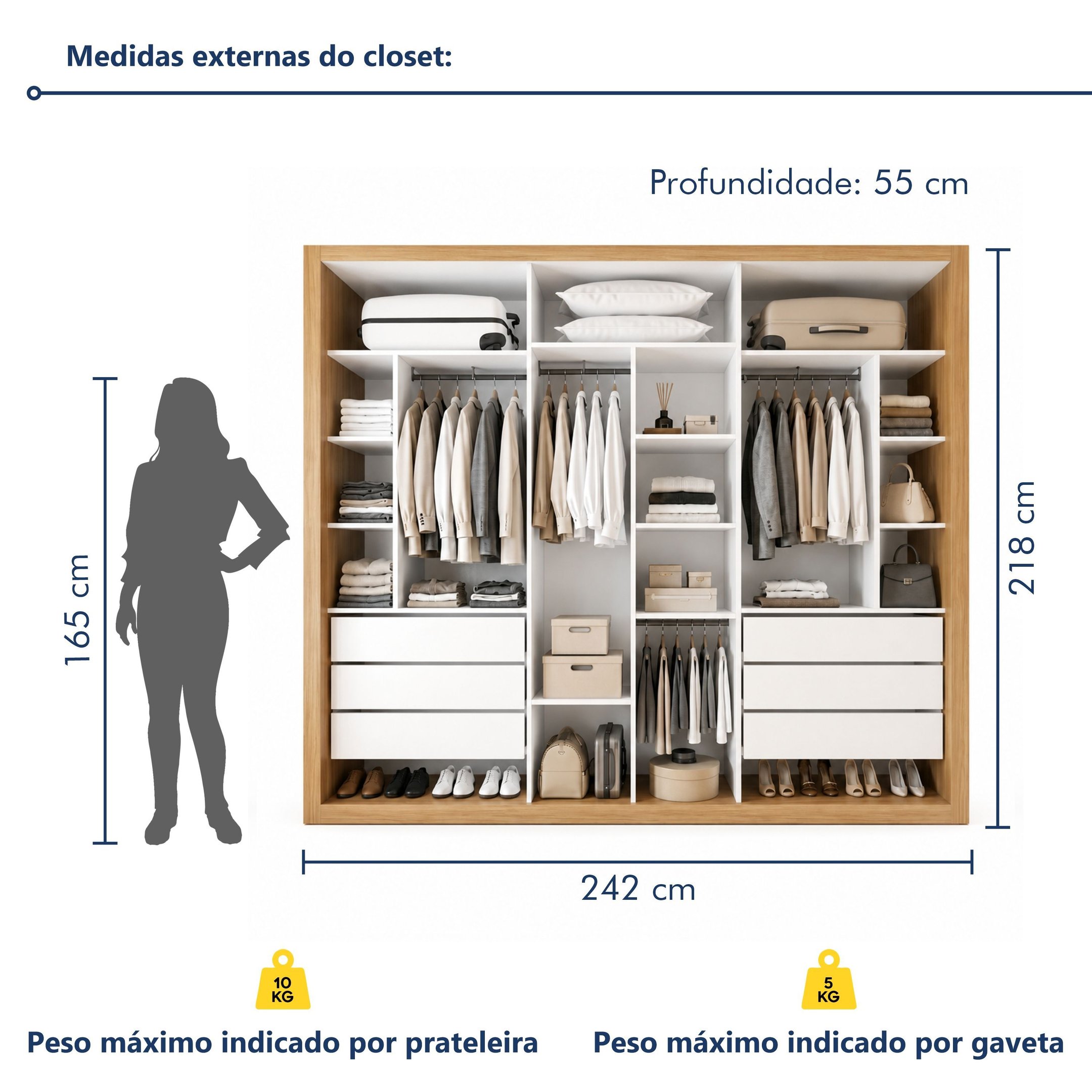 Closet Casal sem Portas 6 Gavetas Itália Yescasa Branco/Carvalho