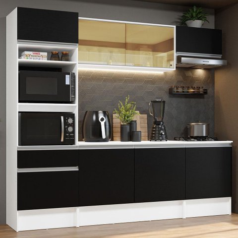 Armário de Cozinha Completa 240cm Branco/Preto Diamante Madesa
