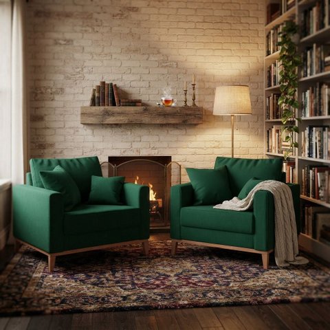 Kit 2 Poltronas Beny Amamentação com 2 Almofadas Base em Madeira Maciça Tecido Suede Verde