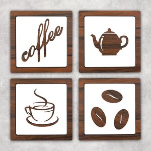Kit 4 Quadros Cantinho do Café Mdf Relevo 3d 15cm Decoração para Cozinha