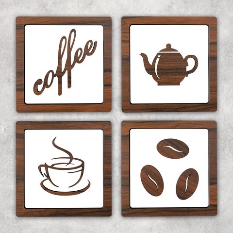 Kit 4 Quadros Cantinho do Café Mdf Relevo 3d 15cm Decoração para Cozinha