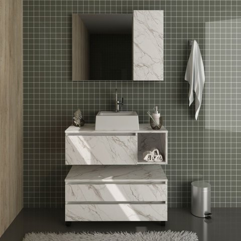 Kit Banheiro Completo com Gabinete Espelheira Cuba Mármore Branco