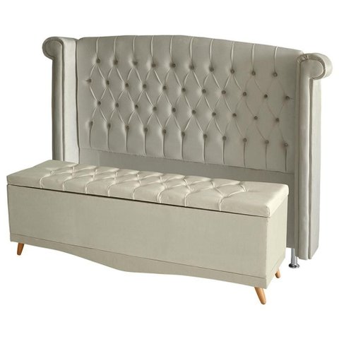 Kit de Quarto Cabeceira de Cama Box e Calçadeira Baú Toquio Casal 140 Cm Suede Porcelana do Lar M