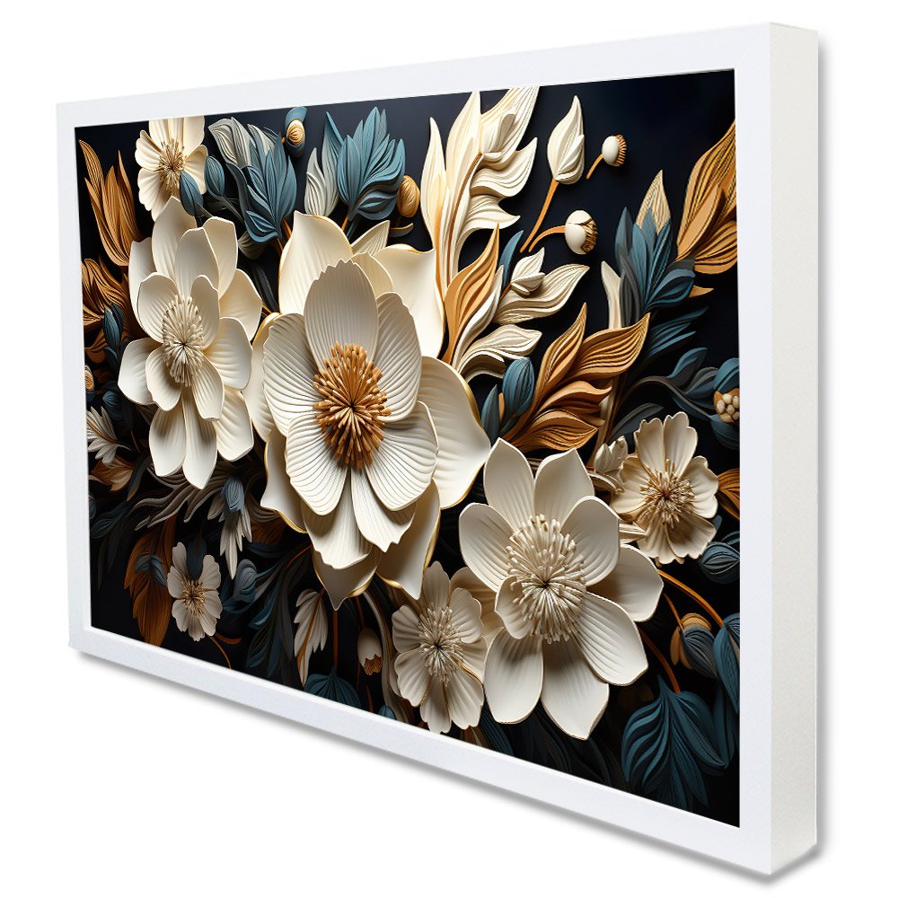 Quadro Decorativo Floral Luxo Flores Tons de Ouro e Azul em Moldura Caixa Tacolado Moldura Caixa 3cm