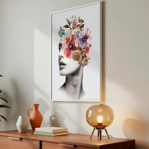 Quadro Decorativo Coleção Florais - Mulher Floral Cor:moldura Branca;título:50x75 sem Vidro Acrílico