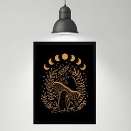 Quadro Místico Cogumelo - Fases da Lua 33x24cm - com Vidro:madeira Preta - 1