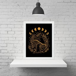 Quadro Místico Cogumelo - Fases da Lua 33x24cm - com Vidro:madeira Preta - 2