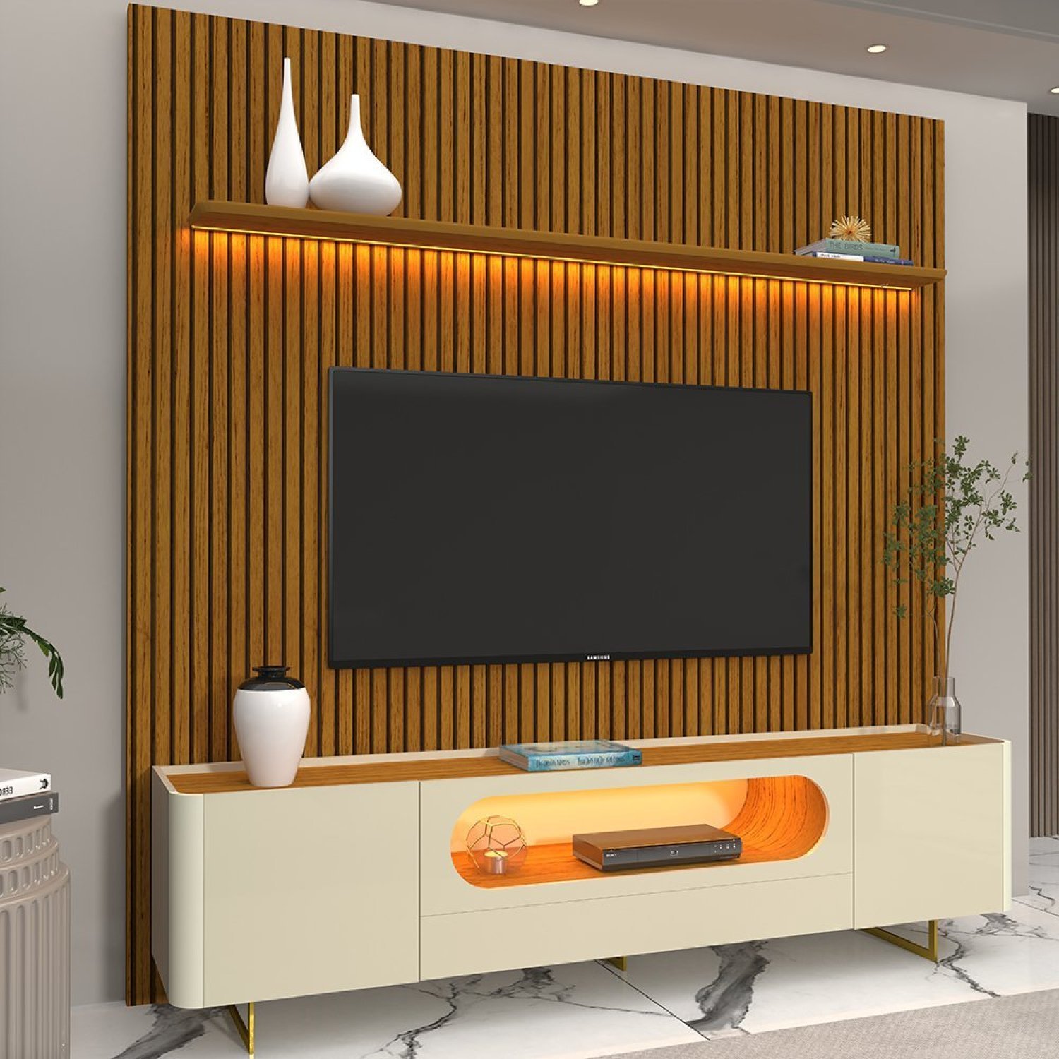 Rack com Painel para TV até 85 Polegadas 1 Gaveta 2 Portas 1 Prateleira com Led 220cm Requinte Nobre - 1