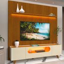 Ver imagem 1 de Rack com Painel para TV até 90 Polegadas 100% MDF Ripado Yescasa Marrom 310,5x224cm Pés em Madeira Maciça