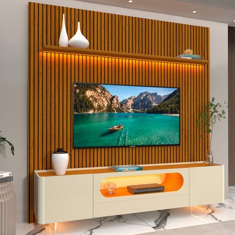 Rack com Painel Ripado para TV até 90 Polegadas 1 Gaveta 2 Portas LED Pés Vidro 220cm Requinte Nobre 100% MDF