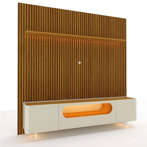 Rack com Painel Ripado para TV até 90 Polegadas com LED 100% MDF 224cmx310,5cm 1 Gaveta 2 Portas Vidro Requinte Nobre