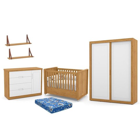 Dormitório Tutto New 2 Portas, Cômoda 1 Porta, Berço Freijó/Branco Soft com Colchão e Prateleiras - 