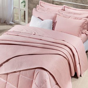 Colcha Tamanho Super King 400 Fios Egípcio 100% Algodão Rosa 3 Peças