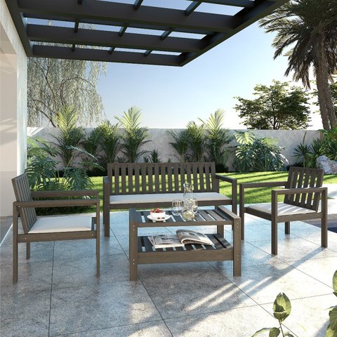 Conjunto 2 Poltronas Banco 3 Lugares com Almofadas e Mesa Madeira Maciça Yescasa