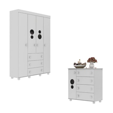 Kit Guarda-roupas Infantil 4 Portas 3 Gavetas e Cômoda 1 Porta 4 Gavetas Pimpolho Multimóveis