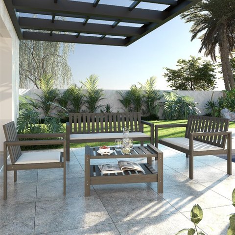 Conjunto Bancos 2 e 3 Lugares Poltrona com Almofadas e Mesa Madeira Maciça Yescasa