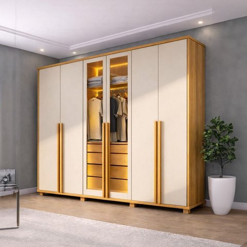Guarda-Roupa Casal 6 Portas com LED e Vidro Reflecta 5 Gavetas Bélgica Bege/Cinamomo/Off White