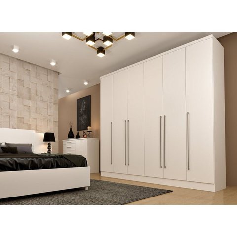 Quarto de Casal Roupeiro 6 Portas Portugal, Cama Casal, Cabeceira e Cômoda 5 Gavetas Branco/Neve
