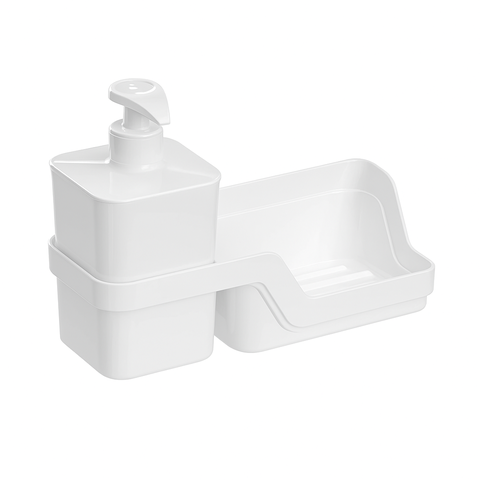 Conjunto Dispenser Pump Porta Detergente C/ Bandeja para Esponja Organizador de Pia Cozinha:branco