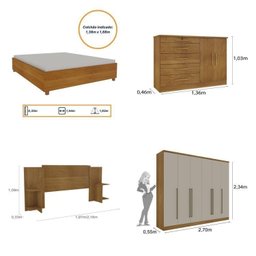 Quarto de Casal Roupeiro 6 Portas Portugal, Cama Casal, Cabeceira e Cômoda 5 Gavetas - 3