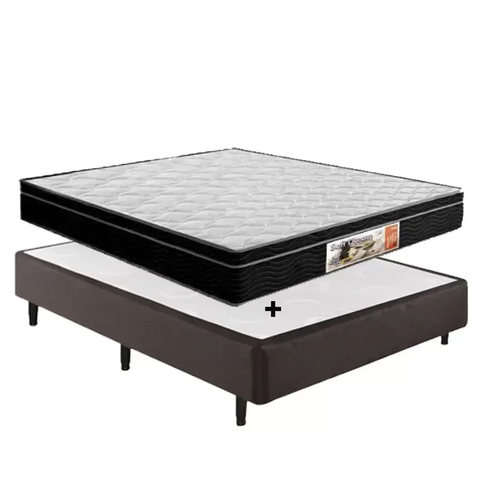 Cama Box Casal Marrom Sintético + Colchão Molas Bonnel 1,38 X 1,88 X 48 Cm