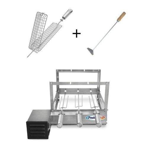 Gira Grill Inox com 3 Espetos Tridente + Espeto Grelha + Espalhador Pratic