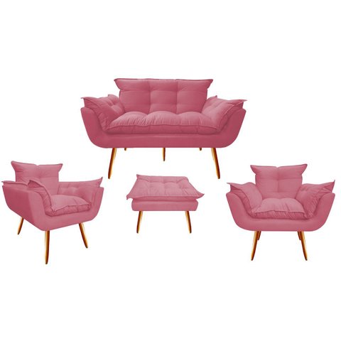 Kit Namoradeira + 2 Poltronas + 1 Puff Decorativo Opala Suede Rosa Pés Madeira Ms Decor