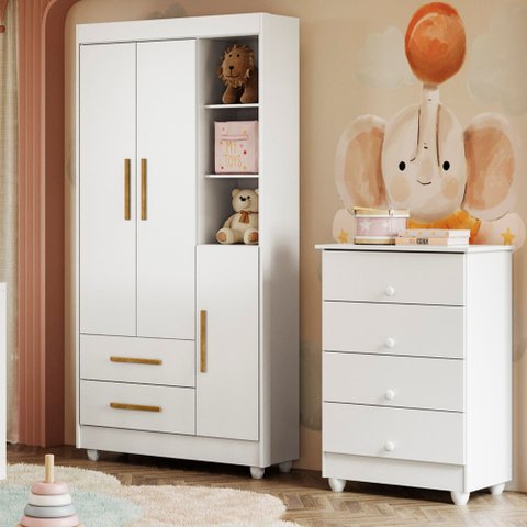 Quarto de Bebê Guarda Roupa 3 Portas e Cômoda 100% MDF Nina