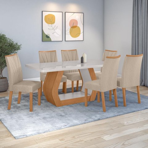 Conjunto Sala de Jantar Mesa Easy Tower 170x90cm Mdf/vidro com 6 Cadeiras Confort Linho Bege Amendoa