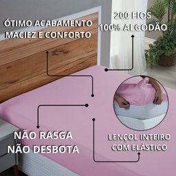 Lençol de Baixo 200 Fios Queen com Elástico 100% Algodão Avulso Roupa de Cama Box:rosa Bebe - 5