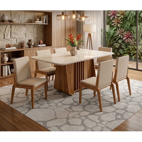 Conjunto Mesa com 6 Cadeiras Harpa Marrom/Marromle/Off White
