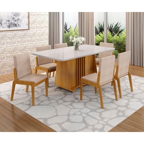 Conjunto Mesa com 6 Cadeiras Harpa Marrom/Marromle/Off White