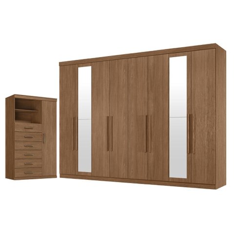 Guarda Roupa Casal 8 Portas 4 Gavetas Master New com Espelho e Cômoda Marabá Jatobá Acetinado -