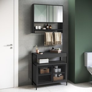 Gabinete com Espelheira Banheiro 80cm 4 Portas e Toalheiro Cor:preto com Grafite