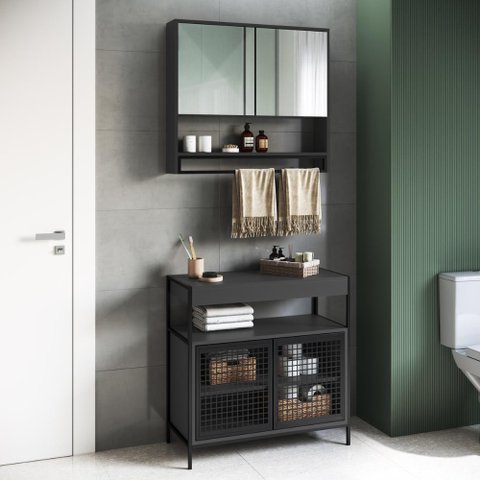 Gabinete com Espelheira Banheiro 80cm 4 Portas e Toalheiro Cor:preto com Grafite