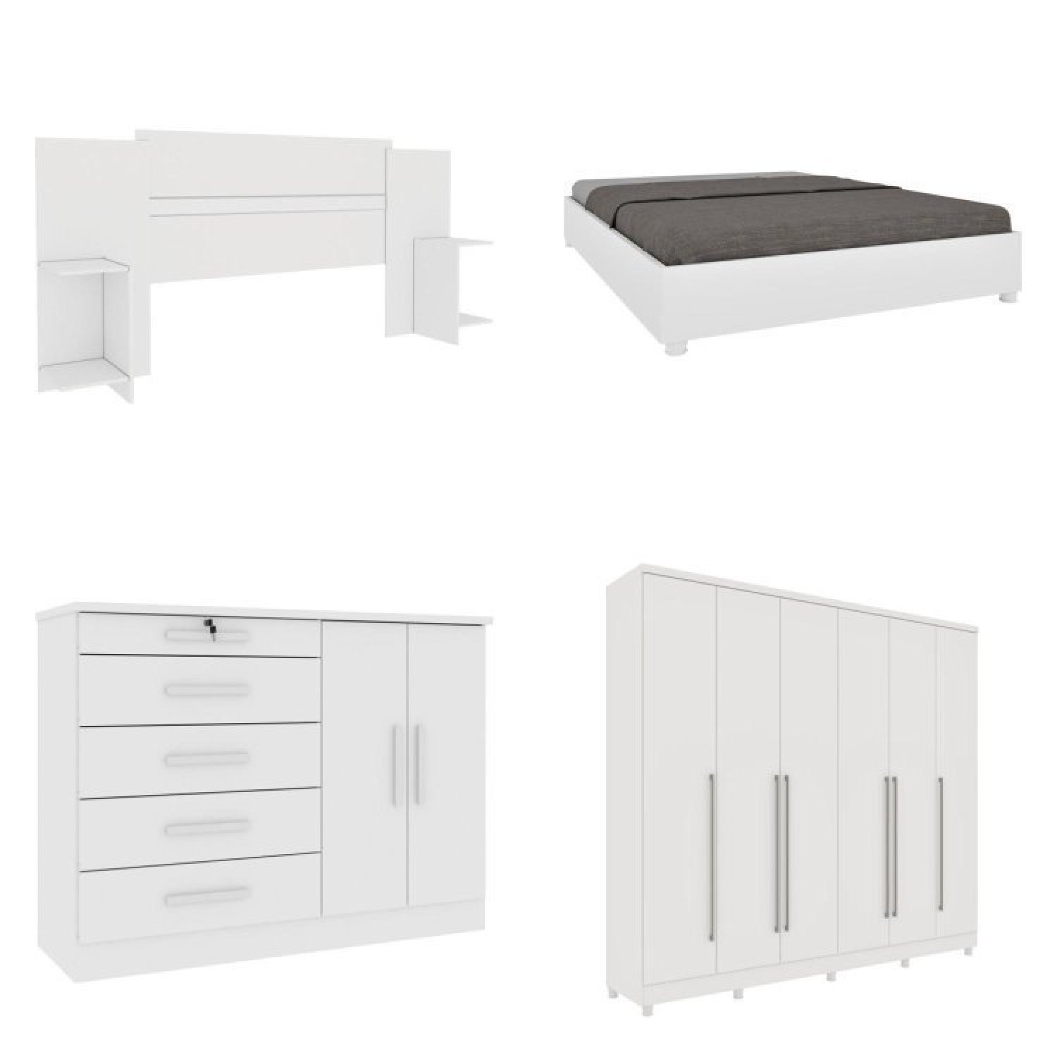 Quarto de Casal Roupeiro 6 Portas Portugal com Pés, Cama Casal Queen, Cabeceira e Cômoda 5 Gavetas - 2