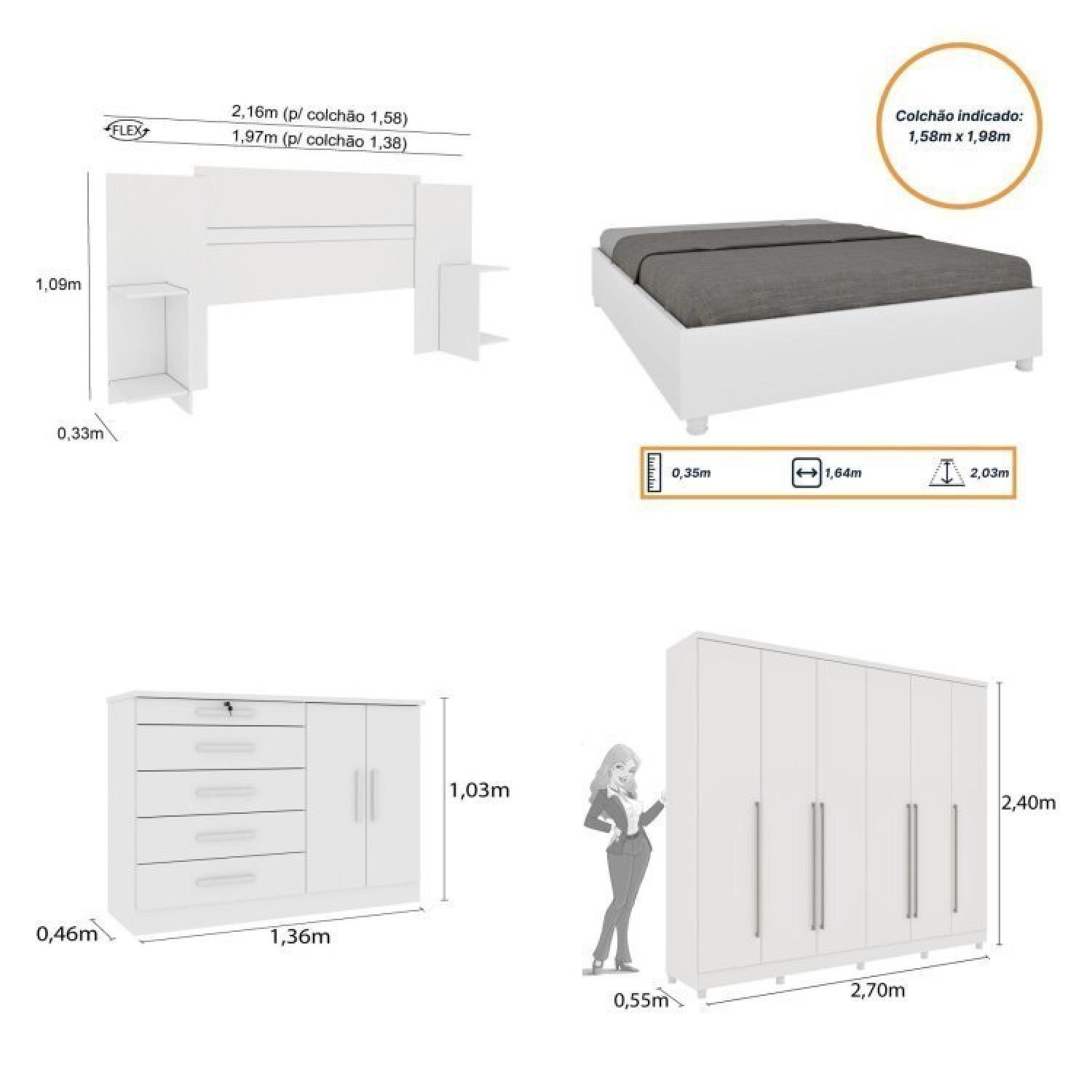 Quarto de Casal Roupeiro 6 Portas Portugal com Pés, Cama Casal Queen, Cabeceira e Cômoda 5 Gavetas - 3