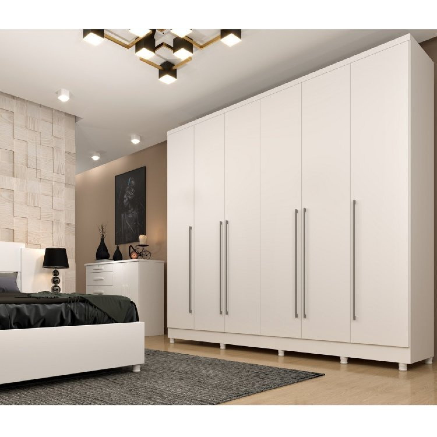 Quarto de Casal Roupeiro 6 Portas Portugal com Pés, Cama Casal Queen, Cabeceira e Cômoda 5 Gavetas - 1