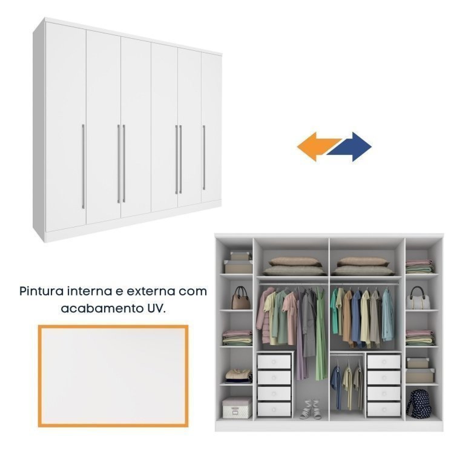 Quarto de Casal Roupeiro 6 Portas Portugal com Pés, Cama Casal Queen, Cabeceira e Cômoda 5 Gavetas - 9