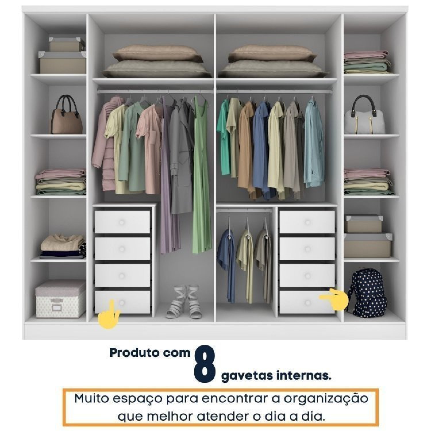 Quarto de Casal Roupeiro 6 Portas Portugal com Pés, Cama Casal Queen, Cabeceira e Cômoda 5 Gavetas - 7